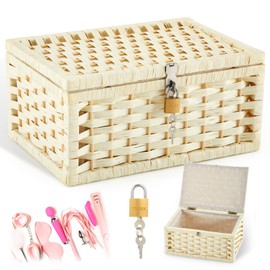 Cinnvoice Discreet Lockable Adult Toy bag Storage Organizer Case for Women and Men, Adult Game Toy Wicker Baskets with Lid and Lock, 13.8 x 9.8 x 6.3 Inch Storage Box for Toys Container (Creamy White)
