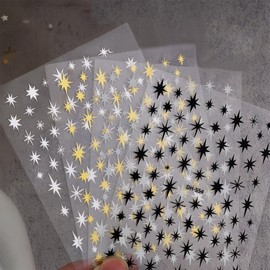 8 Sheets Star Nail Stickers Nail Decals 3D Self-Adhesive Star Nail Art Stickers Black White Gold Silver Nail Art Design Decoration Stickers for Women and Girls Manicure DIY Nail Accessories