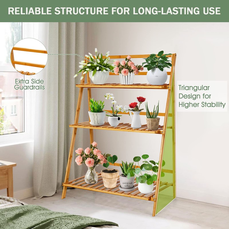 COSTWAY Bamboo Plant Stand, Foldable Multifunctional Flower Display Ladder Shelf,
