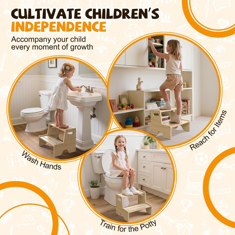 Uiirvdy Step Stool for Toddler, Sturdy Wooden 2-Step Stool with