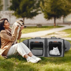 PETUX Small Cat Travel Carrier with Little Box, Portable 2-in-1 Small Cat Carrier for 2 Cats, Various DlY Methods Cat Carrier Soft with Tunnel Tube, Flannel Mat, Hammock, Protable Tote (Grey)