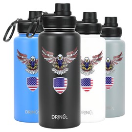 DRINCO Stainless Steel Water Bottle Spout Lid Vacuum Insulated Double Wall Water Bottle USA Flag Military Veteran (32oz Eagle Black, 32oz)
