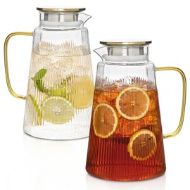 [2 Pack] 71oz Yellow Handle Glass Pitchers – Accent Ribbed Carafe Set for Hot and Cold Beverages, Heat-Resistant Borosilicate Water Jugs with Lid for Tea, Coffee, Juice, Stylish Serving Set