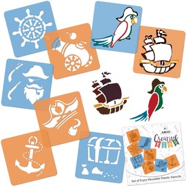 NAKLEO Stencils Painting for Children, Set of 8 15 x 15 cm Pirates, Children's Creative Drawing Stencils, Plastic Reusable Painting Stencil DIY Crafts, Paper Wall Wood Fabric