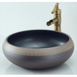 NATURFLAIR Vessel Sink Round 16 Inch Bathroom Sink, Counter Top Black+ Coffee Color Cloakroom Porcelain Ceramic Vessel Vanity Sinks Art Basin for Bathroom, Lavatory, Vanity Cabinet(16 x 6 Inch)