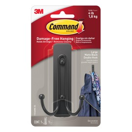 Command - Gancho doble grande negro mate, 1 gancho y 1 tira de mando, ganchos de pared para colgar sin daños con tiras adhesivas, ganchos para colgar para colgar la decoración del hogar, soporta hasta