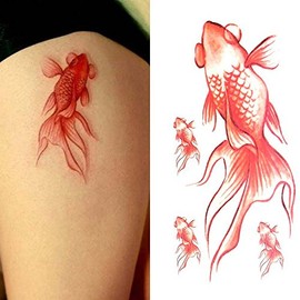 Oottati 2 Sheets Waterproof Small Cute Fake Hand Neck Temporary Tattoos Stickers Red Goldfish