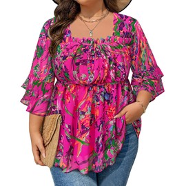 Plus Size Tops for Women Work Square Neck Shirts Oversized Tops 3 4 Flowy Peplum Ruffle Sleeve Elastic Waist Aline Fit and Flare Dressy Casual 2025 Fall Fashion Clothing Pink Green Leaf 4XL