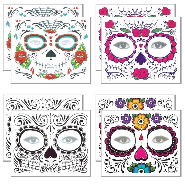 Day of the Dead Tattoo(8 PACK) Halloween Makeup Tattoos Decor Stickers Sugar Skull Temporary Face Tattoo for Halloween Masquerade Party(Floral, Glitter Roses, Web and Floral Skeleton)