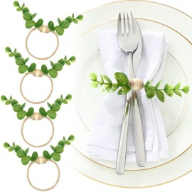 Hoolerry Set of 20 Summer Eucalyptus Napkin Rings Bulk for Wedding Baptism Party Table Decor Banquet Dinning Farmhouse Boho Green Leaf Greenery Napkin Rings Holder with Wood Beads