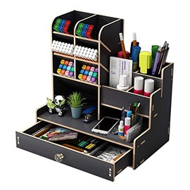 UgyDuky Upgraded Wooden Pencil Holder, Art Supply Organizer, Desktop Pen Organizer with Drawer, Multi-Functional Desktop Stationary Storage for Colored Pencils Pens Markers Office Home School Supplies (black)