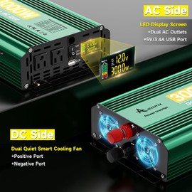 3000 Watt Inverter 12V to 110V/120V, Truck Power Inverter Converter AC to DC, 6000W Peak Power Modified Sine Wave Inverter with Remote LED Didplay 3.4A USB Port 2AC Power Outlets for Vehicles Car RV