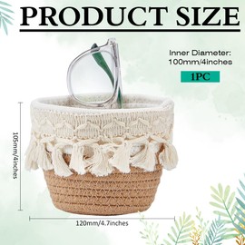 MAYJOYDIY Khakifarbener Baumwollseil Geflochtener Korb Mit Quaste Rund Boho Körbe Mit Quasten 12×12×10cm Reinigungstuch Brille Stifte Organizer Für Schlafzimmer Kinderzimmer Wohnzimmer Eingangsbereich