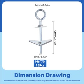 GLARKS 15pcs M6 O-Shaped Eye Bolt Toggle Anchors Set for Drywall, Toggle Bolts, Butterfly Anchors, Spring Toggle Wing Bolts for Ceiling, Sheetrock, Hollow Wall