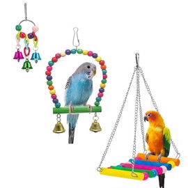 Mrli Pet Parrot Cage Toys, Bird Swing Toys Hanging Play with Bells Wooden Hammock for Budgie Love Birds Cockatiels Conures Finches Small Parakeet