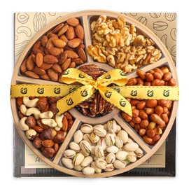Round Serving Tray 242 x 242 x 3 Gourmet Nut Platter - 6 Assortments of Premium Nuts - Festive Holiday Nuts Gift Baskets | Holiday Mixed Box, Gourmet Food, Sympathy Gift Baskets, Round, Kosher, USA Made