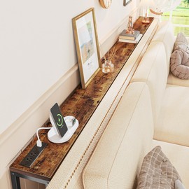 SUPERJARE 78.7 Inch Console Table with Outlet, Sofa Table with Charging Station, Narrow Entryway Table, Skinny Hallway Table, Behind Couch Table, for Living Room, Rustic Brown