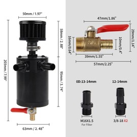 Universal 150ml Car Oil Catch Can Kit Reservoir Tank, Compact Baffled 2-Port Oil Separator 2 Adaptors with Breather Filter, Black
