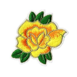 Patchwork Paradise Yellow Rose with Gold Trim Iron-On Patch - Embroidered Floral Applique