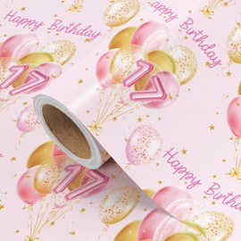 WRAPAHOLIC Girl 17th Birthday Wrapping Paper - Mini Roll - 17 Inch x 16.5 Feet - Balloons and Happy Birthday Wrapping Paper Perfect for Girls, Party, Holiday