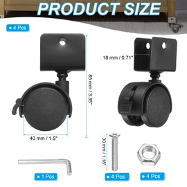 PATIKIL 1.5" Swivel Caster with 0.71" U Bracket, 4 Pack 360° Rotation Nylon Swivel No Noise Wheel with Brake Locking Caster for Furniture Legs Black