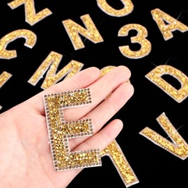 WILLBOND 37 Pieces Rhinestone Letter Stickers Large Glitter Alphabet Crystal Number Self Adhesive Bling Stickers Iron on Letters for Art Crafts Clothing DIY Decors(Gold,2.56 Inch)