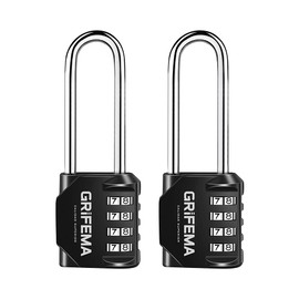 GRIFEMA GA1002 4 Digit Combination Padlock, Long Shackle Padlocks Outdoor Heavy Duty Waterproof Weatherproof for Gym Locker, School, Fence, Garage, Shed, 2 Pack, Black