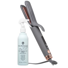 Hairitage Ceramic Tourmaline 2in1 Flat Iron Hair Straightener Curling Iron - 1 1/4 Inch - Airflow Styler + Heat Protectant Spray - Curved Edges - Curling + Straightening - 420 Degree Heat Protection