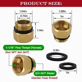 BLUE ELF Hose Bib Adapter w/Washers 1-1/16" Fine Thread (Female), to 3/4 GHT Male Hoses, 1'' ID, Faucet Fitting Replacement Part, Pack of 2