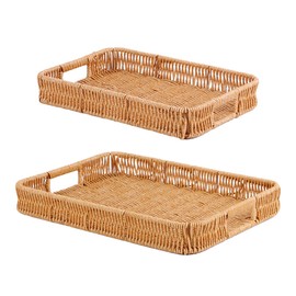 Fvstar Woven Serving Tray with Handles,Handmade Poly Wicker Tray for Storage Breakfast,Drinks,Fruits,Rectangular Basket Organizer Platters for Coffee Table Centerpiece Decor (2, Light Color)