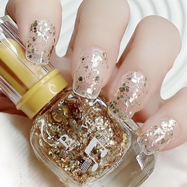 ASMAYSA Gold Clear Glitter Nail Polish, Glossy Gold Glitter Top Coat, Quick Dry Clear Sparkle Nail Polish for Nail Art, Gold Glitter Top Coat Nail Polish Gifts for Girls Reflective Glitter