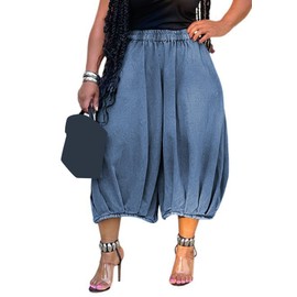 Tbahhir Women's Baggy Jeans Loose Cropped Elastic Waist Denim Pants Barrel Trousers with Pockets Blue