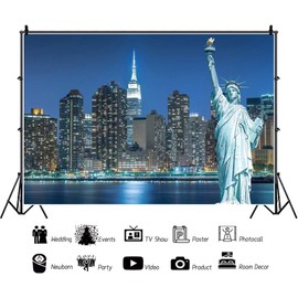 Renaiss 20x10ft Statue of Liberty Photo Backdrop America New York City Building Night View Manhattan Skyline NYC Urban Cityscape Light Photography Background for Holiday Travel Studio Props