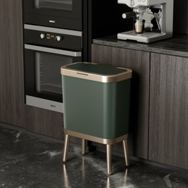 Small Trash Can with Lid, 4 Gal/15l Kitchen Garbage Can, Slim Trash Bin with Legs, Pet Proof Plastic Wastebaskets, Skinny Trash Can, Thin Garbage Can Kitchen, Bathroom Trash Cans,Green with Gold Edge