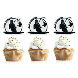Funny Fishing Birthday Cupcake Topper 24Pcs Fisherman Birthday Cupcake Decorations Outdoor Gone Fishing Themed Party Supplies For Men Women Birthday baby shower Retirement