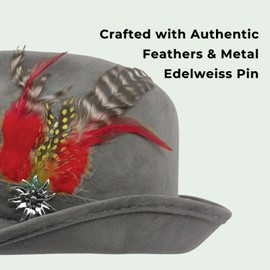 OktoberfestHaus | German Hunter Hat Faux Leather Fedora with Metal Edelweiss Pin & Feather, Oktoberfest Costume Accessories, German Oktoberfest hat for Men & Women, 100% Polyester | Grey