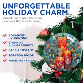 Holiday Candles Christmas Ornament - Festive Stained Glass Ornament - 2.8" Round - Premium Glossy Ceramic with UV Printed Design - Gold String Included - Perfect Holiday Décor - BMCO0045