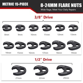 ARUCMIN 3/8" and 1/2" Drive Crowfoot Flare Nut Wrench Set, 15-Piece 8-24mm Metric Crows foot Wrench Set Chromium Molybdenum Steel with Organizer Box