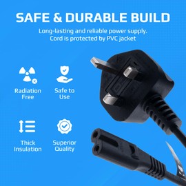2 Pin Mains Power Cable Universal Fig Figure 8 UK Lead Compatible with HP Envy 4500 5530 5532 120 OfficeJet 4650 6968 6978 3830 PIXMA MG2520 MG3220 MG3222 MG3520 MG5420 Printer | 3 Pin Wall 1m