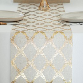 WELTRXE Table Runner with Gold Foil, 28cmx5m Faux Linen Polyester-Cotton Table Runner Roll for Table, Cuttable, Reusable, Sparkling Table Decoration for Wedding Birthday Party Christmas Dinner Decor