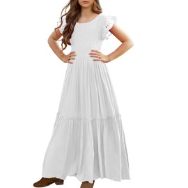 MITILLY Girls Lace Flower Ruffle Sleeve A-Line Swing Wedding Party Long Maxi Dress with Pockets 10 Years White