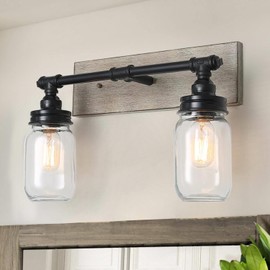 classy leaves Farmhouse Bathroom Light Fixtures, 2-Light Black Vanity Lights for Bathroom, Rustic Mason Jar Bathroom Vanity Light Fixtures Over Mirror