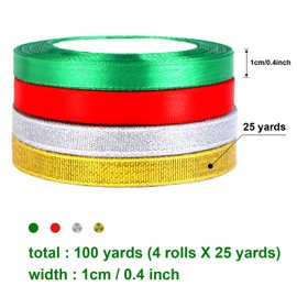 DECYOOL 4 Rolls 100 Yards Christmas Ribbons Metallic Glitter Fabric Holiday Festival Satin Ribbons 10mm Wide for Gift Wrapping Decoration
