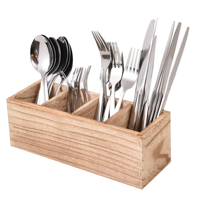 Kitchen Cutlery Holder with 4 Adjustable Smart Compartments, Wood Utensil
