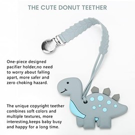 Juguetes de dentición para bebés, mordedores de bebé con clip, juguetes de dentición de silicona para bebés, niños y niñas, alivio para la dentición en forma de dinosaurio, gris