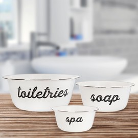 AuldHome Design Enamelware Spa Basin Set (Set of 3); White Rustic Farmhouse Decor Spa Bowls for Bathroom Storage and Home Decor