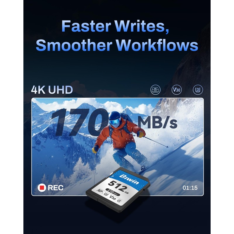 Biwin SD210 SD Card 512GB, SDXC V30 4K UHD Class