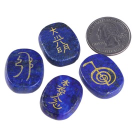 dssmboom Set of 4 Oval Lapis Lazuli Crystal Engraved Usui Reiki Symbols Pocket Worry Palm Stone for Chakra Balancing Meditation Spiritual Healing