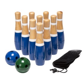 Backyard Lawn Bowling Game – Indoor and Outdoor Family Fun for Kids and Adults – 10 Wooden Pins, 2 Balls, and Mesh Carrying Bag by Hey! Play! (8-Inch)