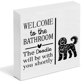 Funny Bathroom Wall Art Sign - "Welcome to the Bathroom, The Doodle Will Be With You Shortly" - Rustic Wooden Box Decor for Dog Lovers, Farmhouse Style Home Decoration, 5 x 5 Inch